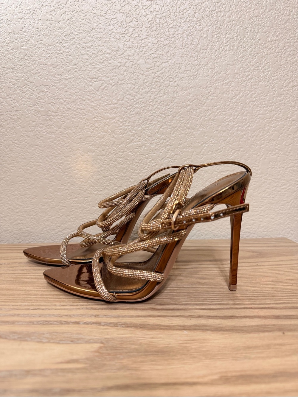 Steve Madden Struts-2 rhinestone Metallic Gold Strappy Stiletto Sandals